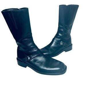Gucci Boots Mid Calf Black Leather Moto Biker Zip Designer Women Riding 9.5